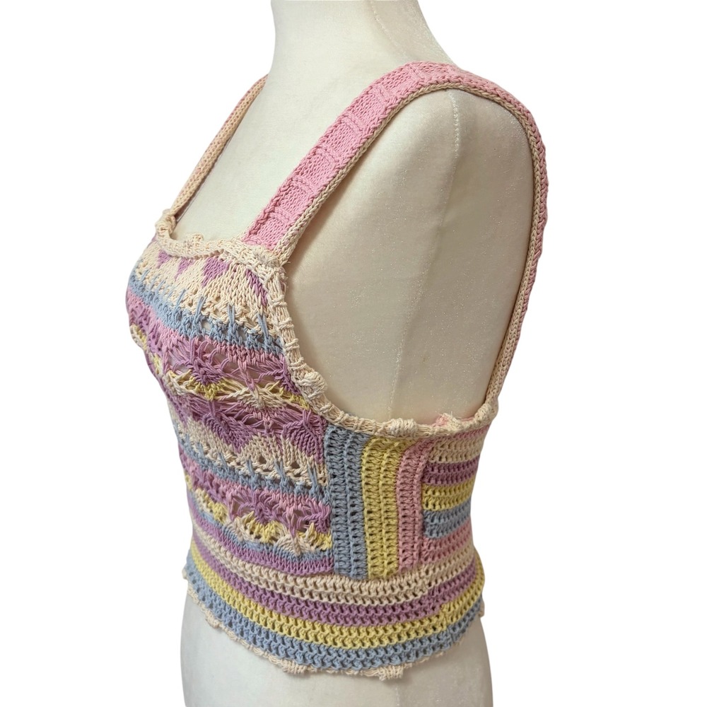 Zara Pastel Crochet Knit Small Crop Top Multi Color Boho Summer Cotton Tank - Picture 5 of 8